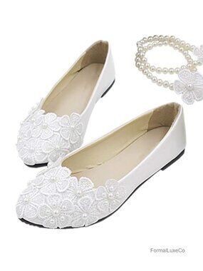 Bridal Flats Lace Flowers Wedding Shoes Ankle Pearl Beads Princess Ballet Flats